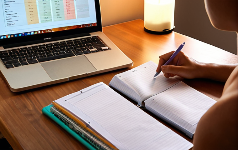 **Prompt:** A focused and determined individual, seen from a slight over-the-shoulder angle, reviewing notes and a laptop at a neat, organized desk. Soft, warm lighting illuminates study materials, including a fitness textbook and a checklist. The atmosphere is calm and productive, emphasizing diligent preparation for an important exam. Subtle elements like a water bottle or a healthy snack might be present.
* **Style:** Realistic, detailed, warm lighting, cozy but disciplined atmosphere.