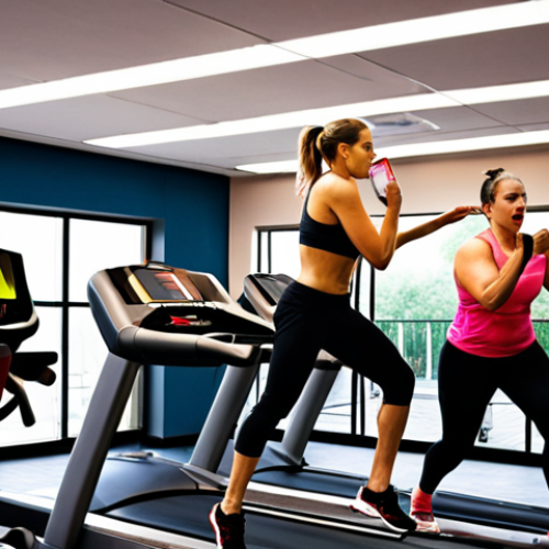 Home 19 **A bustling gym scene on a Saturday afternoon, three treadmills displaying error messages with red flashing lights. In the foreground, the gym owner frantically talks on a phone, gesturing towards the broken equipment. Frustrated members are being offered complimentary protein shakes by a staff member, while others improvise with jump ropes and bodyweight exercises. The overall atmosphere is chaotic but with a sense of improvisation and resilience.** (Keywords: gym, treadmill malfunction, chaos, improvisation, frustrated members, protein shakes, jump ropes, bodyweight exercises)