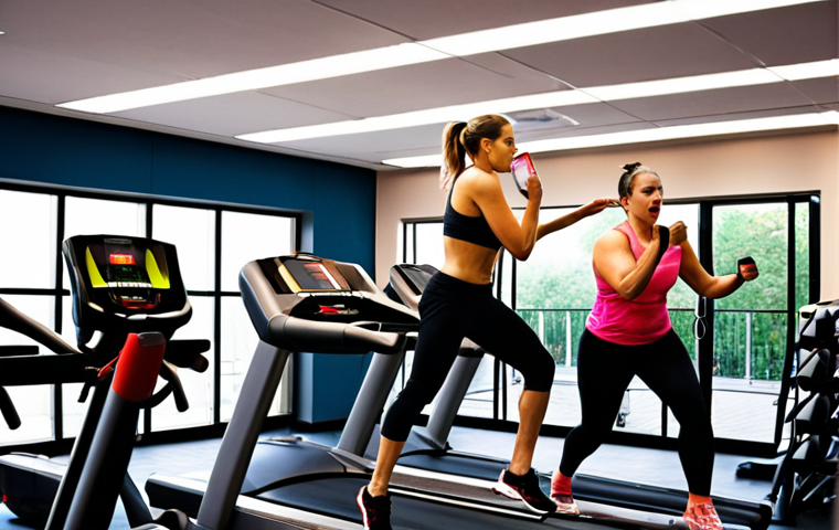 **A bustling gym scene on a Saturday afternoon, three treadmills displaying error messages with red flashing lights. In the foreground, the gym owner frantically talks on a phone, gesturing towards the broken equipment. Frustrated members are being offered complimentary protein shakes by a staff member, while others improvise with jump ropes and bodyweight exercises. The overall atmosphere is chaotic but with a sense of improvisation and resilience.** (Keywords: gym, treadmill malfunction, chaos, improvisation, frustrated members, protein shakes, jump ropes, bodyweight exercises)