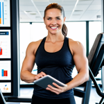 **

A fitness professional, mid-career, looking confident and approachable, standing in a modern gym setting. They're holding a tablet displaying financial data and smiling slightly. The background features diverse gym members working out, with a subtle overlay of business-related icons (charts, graphs, etc.). The overall tone is professional but friendly, showcasing the blend of fitness and management skills.

**