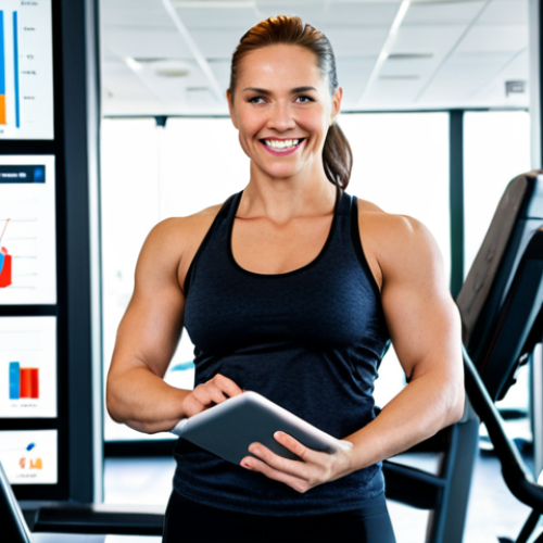 Home 18 **
A fitness professional, mid-career, looking confident and approachable, standing in a modern gym setting. They're holding a tablet displaying financial data and smiling slightly. The background features diverse gym members working out, with a subtle overlay of business-related icons (charts, graphs, etc.). The overall tone is professional but friendly, showcasing the blend of fitness and management skills.
**