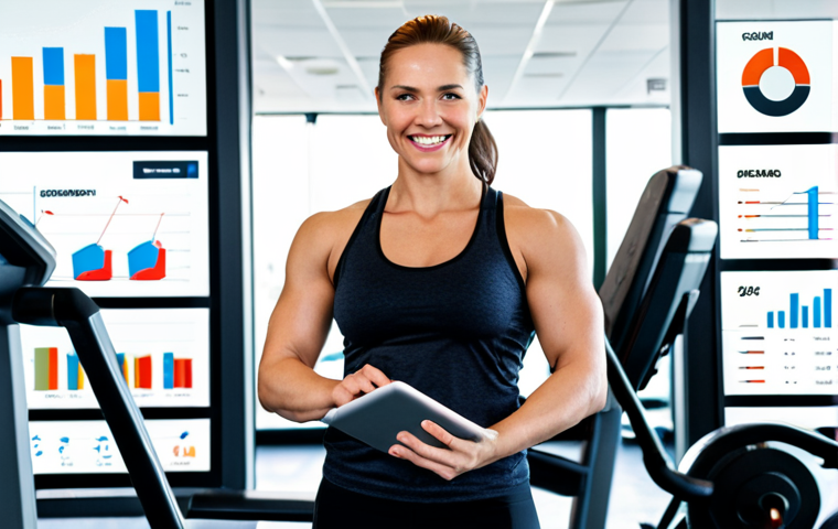 **
A fitness professional, mid-career, looking confident and approachable, standing in a modern gym setting. They're holding a tablet displaying financial data and smiling slightly. The background features diverse gym members working out, with a subtle overlay of business-related icons (charts, graphs, etc.). The overall tone is professional but friendly, showcasing the blend of fitness and management skills.
**