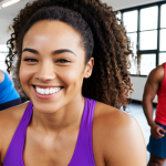**

A diverse group of people smiling and working out together in a modern, brightly lit gym. The focus is on camaraderie and inclusivity. Include gym equipment in the background, but the people should be the main focus. The overall feeling should be energetic and positive.

**
