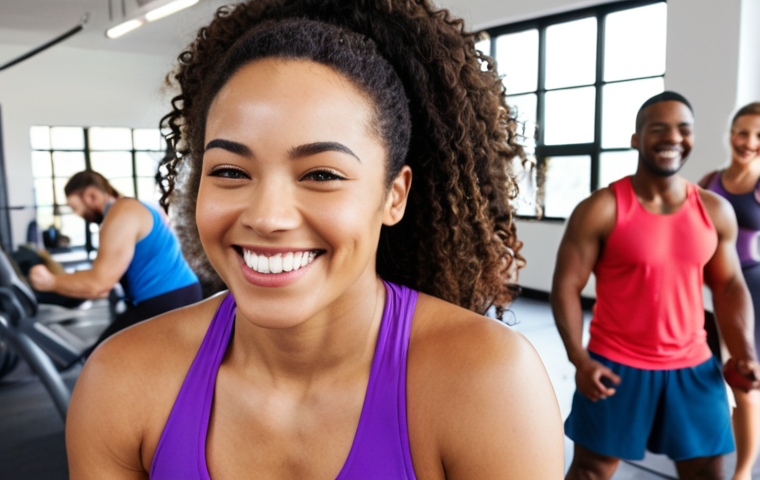 **

A diverse group of people smiling and working out together in a modern, brightly lit gym. The focus is on camaraderie and inclusivity. Include gym equipment in the background, but the people should be the main focus. The overall feeling should be energetic and positive.

**