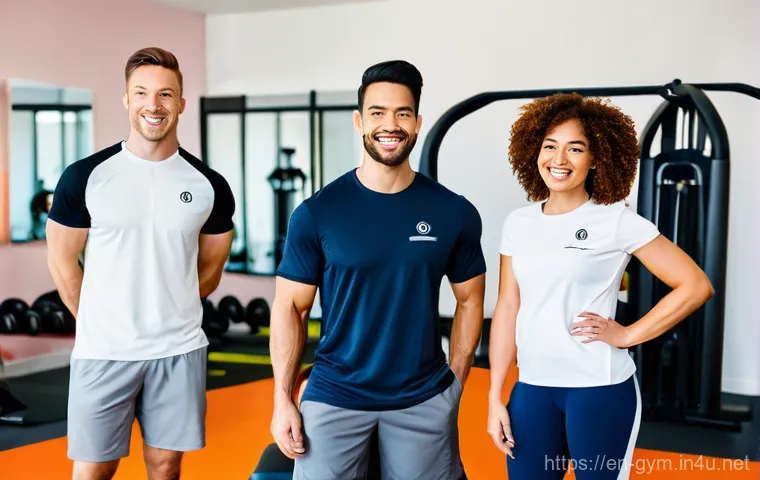 피트니스 경영사로서 직원 교육 계획 세우기 - **Prompt: Welcoming New Talent**
    "A diverse group of five fitness professionals, three women and...