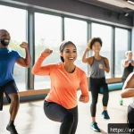 피트니스 경영사와 스포츠 마케팅 - A vibrant fitness community scene in a modern urban gym, diverse group of adults of various ethnicit...