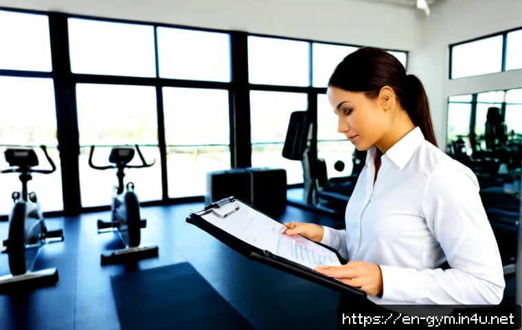 피트니스 경영사로서 전문성 강화 훈련 - Photorealistic fitness business manager in a modern American health club office, reviewing performan...