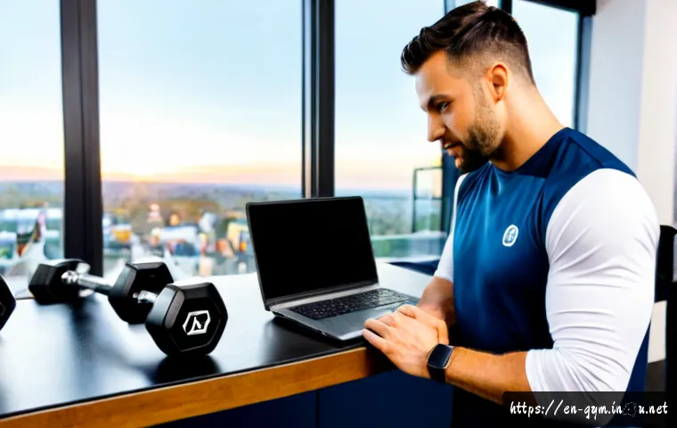 피트니스 경영사 업무 사례 분석 - Photorealistic fitness business manager reviewing a clear monthly performance dashboard on a laptop ...