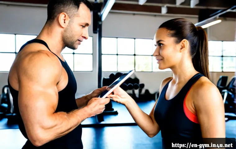 Home 17 피트니스 경영사와 헬스장 관리 전략 - Photorealistic fitness business manager in a clean modern gym, reviewing a tablet with simple unlabe...